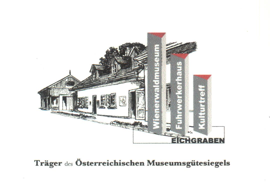 Illustration of a building with signs for Wienerwaldmuseum, Fuhrwerkerhaus and Kulturtreff.